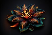 Neon Glowing Flower With Indian Style Details. Generative AI Illustration