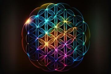 Neon glowing mandala of the flower of life. Colorful lines with dark background. Sacred geometry concept. Generative AI illustration