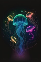 Wall Mural - Fluorescent outlines jellyfish illustration. Vertical Generative AI