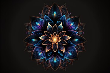 Wall Mural - Symmetric neon glowing lily flower over dark background. Generative AI illustration