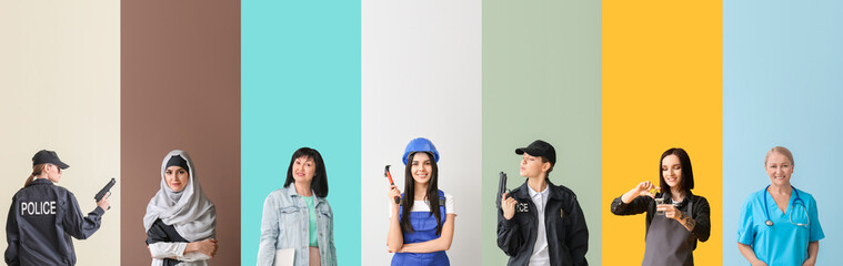 Sticker - Group of different working women on color background. Women's History Month