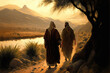 Jesus walking the desert with his disciple. 