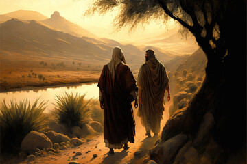 Wall Mural - Jesus walking the desert with his disciple. 