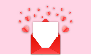 Wall Mural - Valentine day background with envelope, paper card and various red hearts. Vector banner, postcard, background.The 14th of February. Vector EPS 10