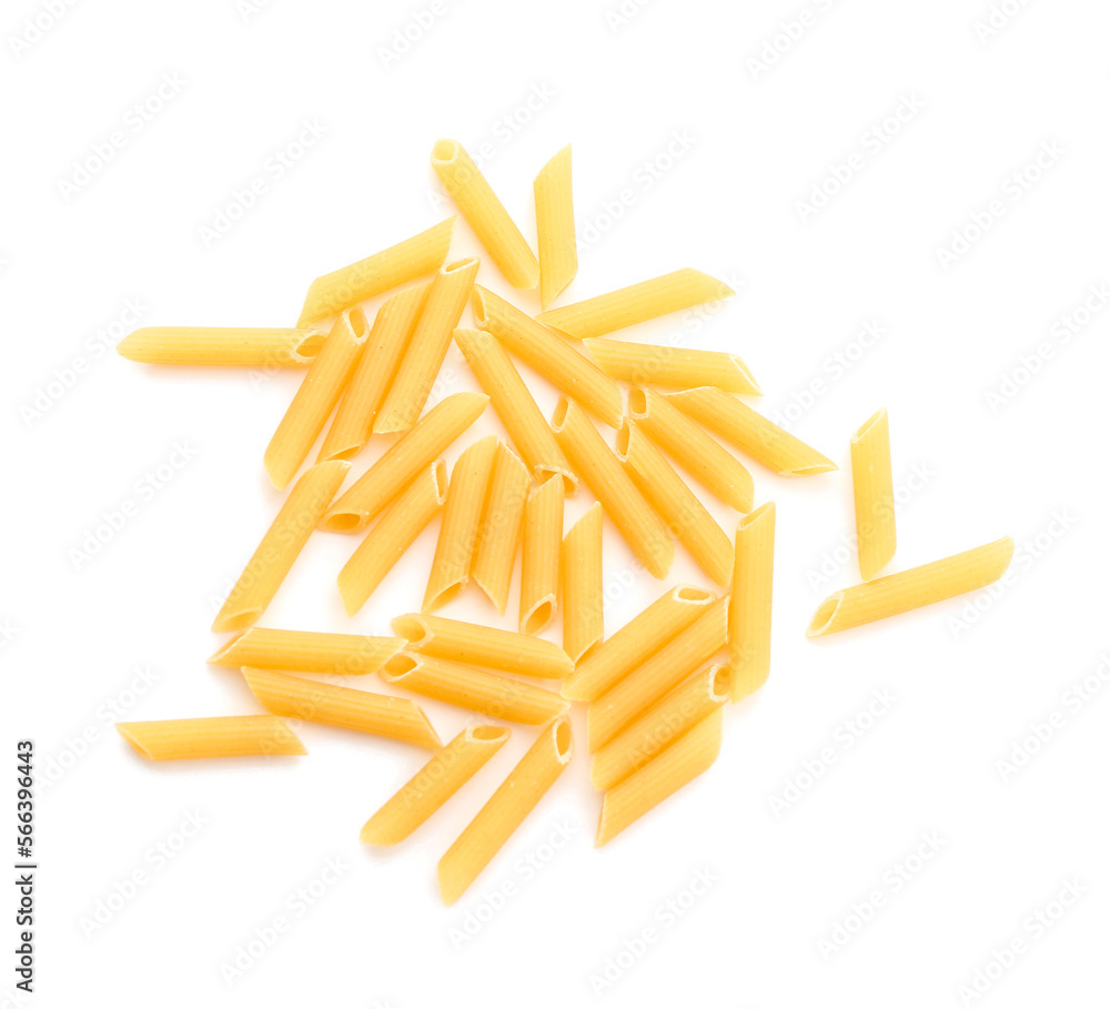 Heap of raw penne pasta on white background