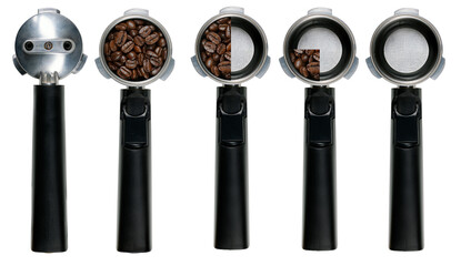 Wall Mural - Portafilter for a coffee maker on an isolated background with whole coffee beans.