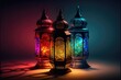 Islamic muslim holiday colorful background with three eid lamp on the table. Ramadan kareem Generative ai