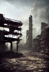 Canvas Print - A post-apocalyptic ruined city. Destroyed buildings, destroyed roads, blown up skyscrapers. The concept of the apocalypse. Generative AI Art