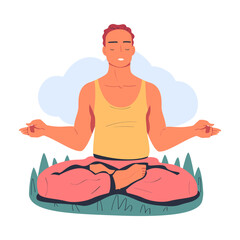 Wall Mural - Man meditating on nature. Meditation practice, harmony, healthy lifestyle cartoon vector illustration