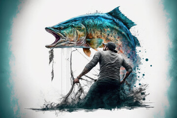 Wall Mural - Fisherman fighting a giant fish (generative AI)