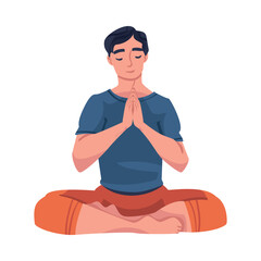 Poster - Man Character Doing Meditation Sitting in Lotus Pose Practicing Mindfulness Vector Illustration