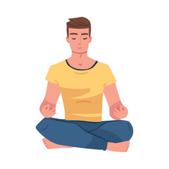 Sticker - Man Character Doing Meditation Sitting in Lotus Pose Practicing Mindfulness Vector Illustration