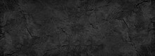 Black White Stone Texture. Rock Surface. Close-up. Like A Old Rough Concrete Wall. Dark Gray Grunge Background With Space For Design. Template. Backdrop. Wide Banner. Panoramic.