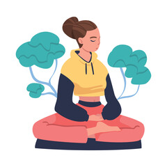 Sticker - Young Woman with Closed Eyes Doing Meditation Sitting in Lotus Pose on Yoga Mat Practicing Mindfulness Vector Illustration