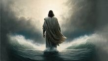 Jesus Christ Walking On Water On The Sea Of Galilee, Generative Ai
