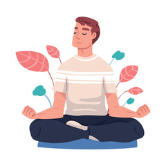 Canvas Print - Young Man with Closed Eyes Doing Meditation Sitting in Lotus Pose on Yoga Mat Practicing Mindfulness Vector Illustration