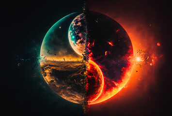 Earth planet divided  in parts surrounded with fire and glowing atmosphere - generative AI