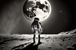 Astronaut on the surface of the Moon looking at Earth, black and white. Generative AI.
