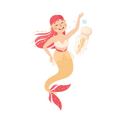 Poster - Mermaid with Wavy Red Hair Floating Underwater with Jellyfish Vector Illustration