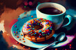 Digital Painting abstrakt Kaffee und Donut auf Teller am Tisch. Artwork Illustralion Malerei. Generative Ai.