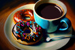 Digital Painting abstrakt Kaffee und Donuts auf Teller am Tisch. Artwork Illustralion Malerei. Generative Ai.