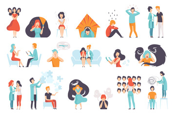 Poster - People suffering from psychological disorders set. Emotional burnout, depression, bipolar, seasonal affected, OCD. Mental health concept flat vector