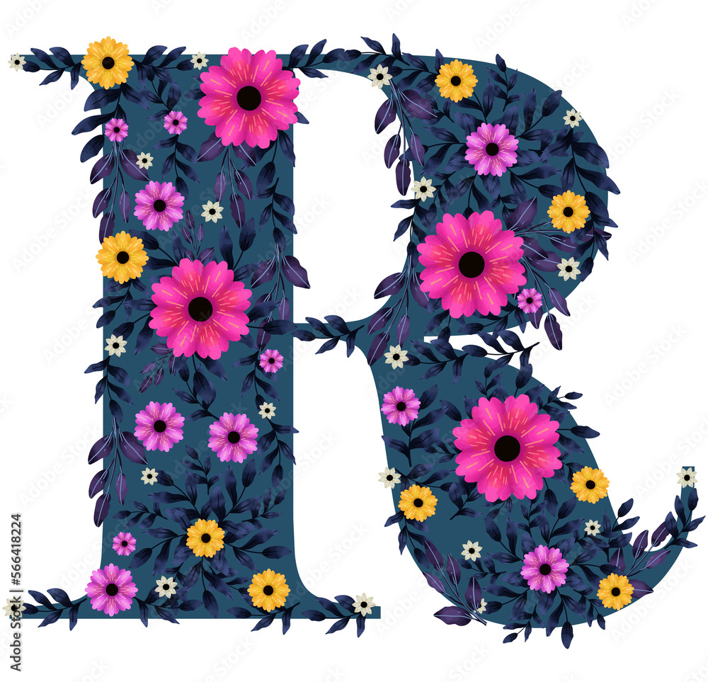 Monograma R azul con flores. Letras Mayúscula Floral para Inicial ...