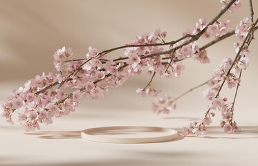 Wall Mural - 3D background, beige podium display. Sakura pink flower tree branch. Cosmetic or beauty product promotion step floral pedestal. Abstract minimal advertise. 3D render copy space spring mockup.