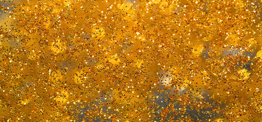 Wall Mural - Golden Glittering Background. Abstract golden glittering background with blur dots. Defocused Golden Particles Glittery against Bokeh Background with Copy Space.