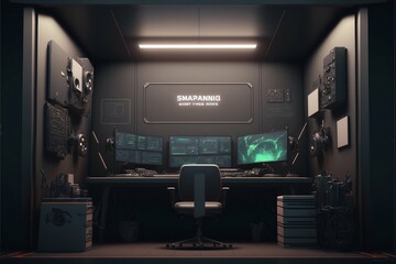 Cyberattack office prevention. Security and control center with video surveillance. Generative AI.