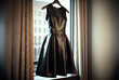Beautiful black evening sparkly dress for wedding, party or prom hanging by the window on a hanger. Generative AI