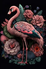 Flamingos in flowers on a textured background. Generatted AI