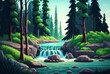 illustration cartoon ,forest landscape with waterfall,generative AI