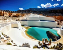 Pamukkale Travertine Colorful View Of Lake, Nature Landscape And River