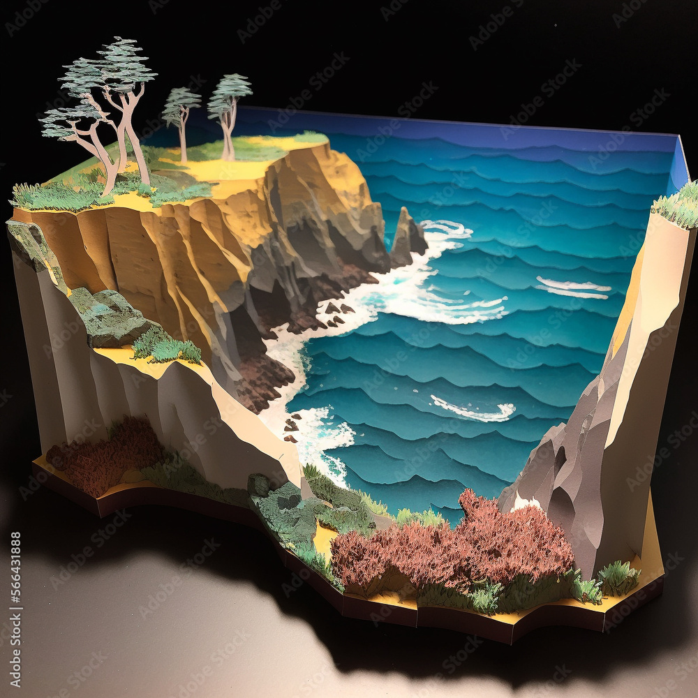 Stock-Illustration „cliffs overlooking ocean: papercraft diorama style ...