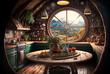 Vintage house interior, food on table inside fantasy wooden hut, generative AI