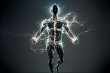 Man In Lightning Flashes, Body Silhouette With Inner Energy, Generative AI.
