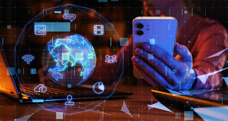 Big date. Concept Data storage, world wide web, media, internet, cloud storage, data protection. Visualization of artificial intelligence in data exchange. Working with smartphone and laptop.