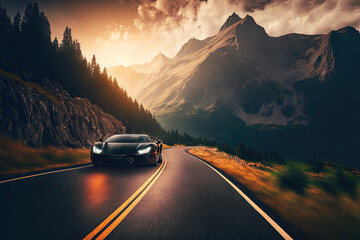 High-end luxury car driving on a scenic mountain road, generative ai