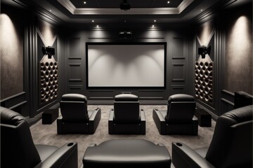 Poster - Luxury home theater with a large projection screen, a variety of reclining chairs, and a modern sound system. Generative AI