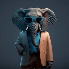 Wall Mural - Illustration of elephant photography in a suit as mascot fun human-like character generative ai