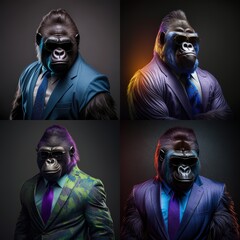 Wall Mural - Illustration of gorilla photography in a suit as mascot fun human-like character generative ai