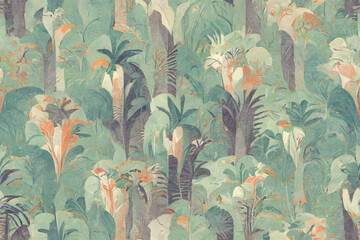 vintage tropical pattern for seamless wallpaper, fabric, texture, tapestry, background, green, muted