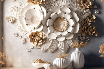 3d wallpaper flowers made of white and gold decorative gypsum