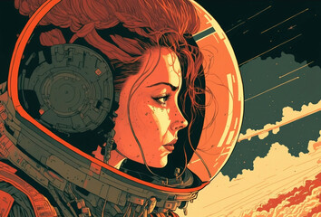 Wall Mural - Graphic Novel Style Image of a Pensive Female Astronaut Looking at a Starry Sky. Space Woman. [Sci-Fi, Fantasy, Historic, Horror Character Portrait. Video Game, Anime, Comic, or Manga Illustration.]