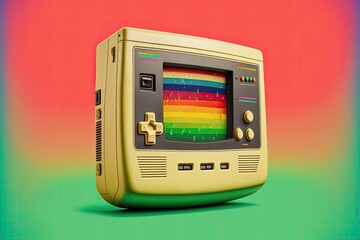Wall Mural - Old video game console on rainbow background, digital illustration, AI