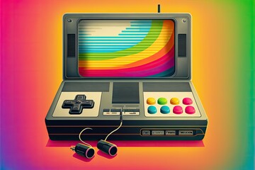 Wall Mural - Old video game console on rainbow background, digital illustration, AI