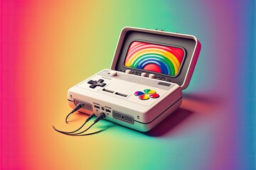 Wall Mural - Old video game console on rainbow background, digital illustration, AI