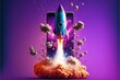 Rocket flying from mobile phone screen on purple background, startup concept, Generative AI