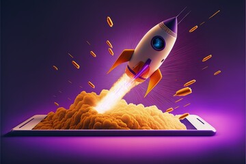 Wall Mural - rocket coming out of mobile phone screen on purple background, startup concept, generative ai